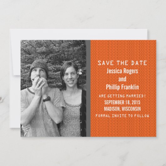 Oranje binaire code foto save the date uitnodiging (Voorkant)