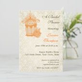 Oranje Birdcage, uitnodiging voor Ivory Damask (Staand voorkant)