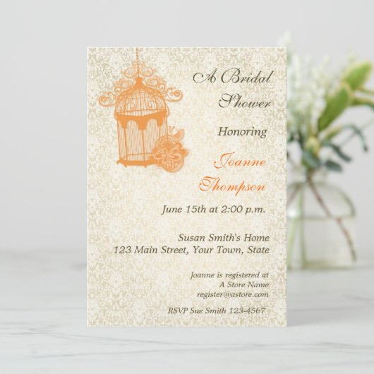 Oranje Birdcage, uitnodiging voor Ivory Damask (Staand voorkant)