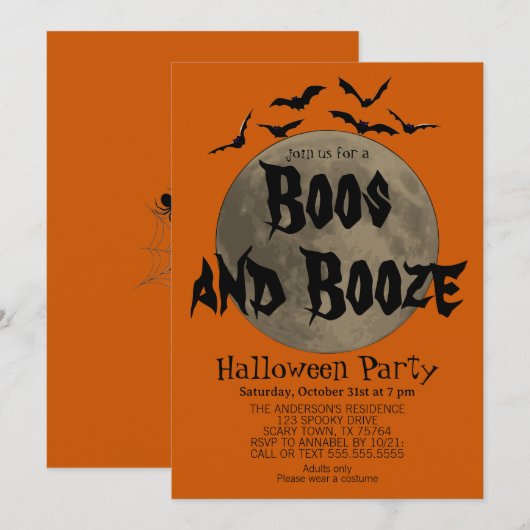 Oranje Black Boos en Booze Halloween Uitnodiging (Voorkant / Achterkant)