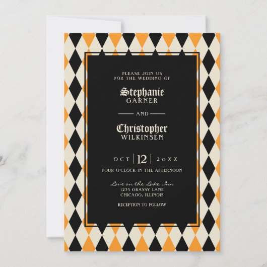 Oranje Black Harlequin Halloween Wedding Kaart (Voorkant)