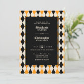 Oranje Black Harlequin Halloween Wedding Kaart (Staand voorkant)