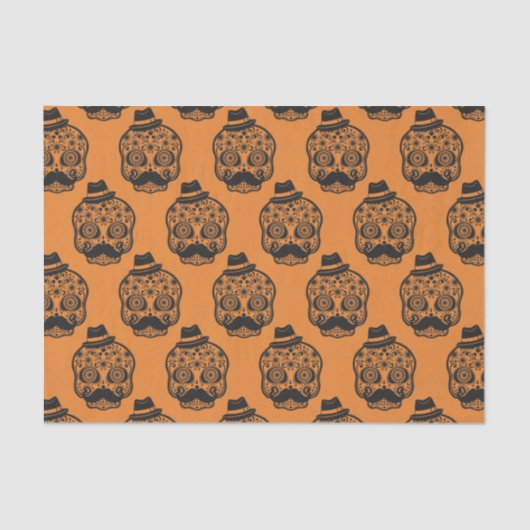 Oranje Black Pattern Festive Skull Halloween party Tissuepapier (Voorkant)