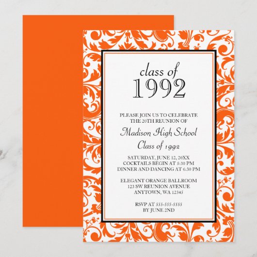 Oranje Black Swirl Damask Class Reunion Uitnodigin Kaart (Voorkant / Achterkant)
