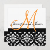 Oranje Black White Damask Wedding Invitation Kaart (Voorkant / Achterkant)