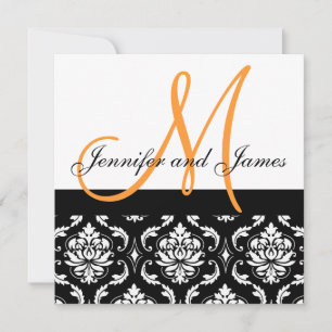 Oranje Black White Damask Wedding Invitation Kaart