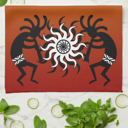 Oranje Black White Kokopelli Southwest Tribal Sun Theedoek (Gevouwen)
