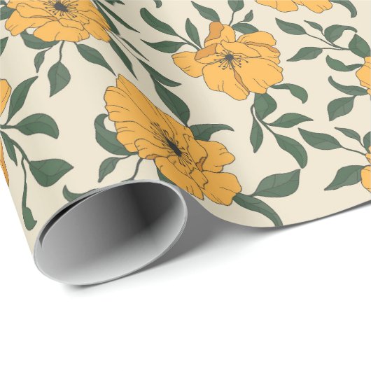 Oranje bladerbloempatroon cadeaupapier (Rol Hoek)