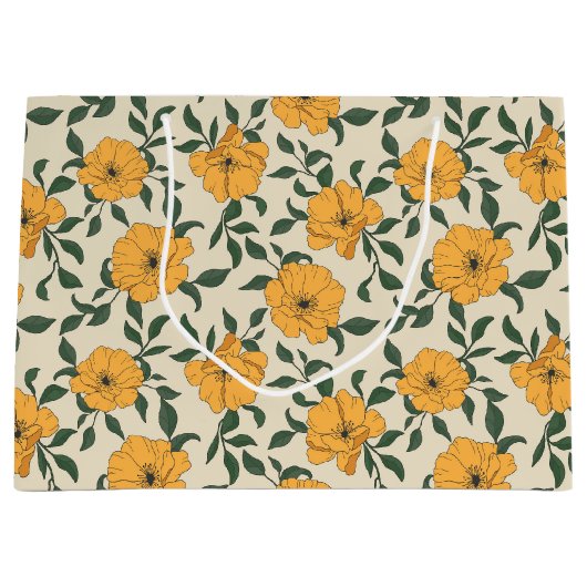 Oranje bladerbloempatroon groot cadeauzakje (Voorkant)