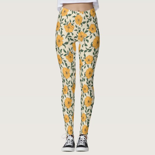 Oranje bladerbloempatroon leggings (Voorkant)