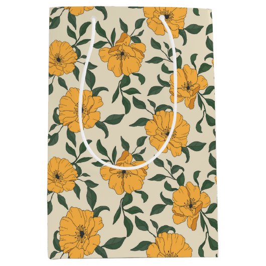 Oranje bladerbloempatroon medium cadeauzakje (Voorkant)