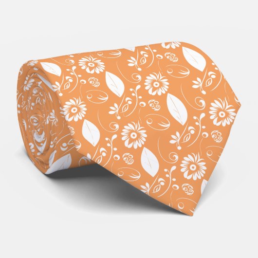 Oranje Bladeren en Abstract Bloem Huwelijk Stropdas (Opgerold)