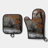 Oranje bladeren ovenwant & pannenlap set (Voorkant)