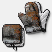 Oranje bladeren ovenwant & pannenlap set (Voorkant / Achterkant)