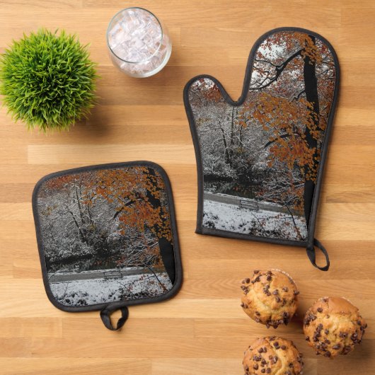 Oranje bladeren ovenwant & pannenlap set (Top down)