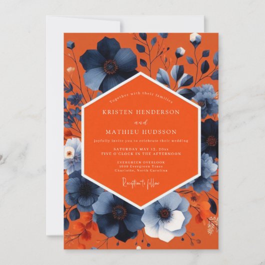 Oranje Blau Bloemige Herfst Bruiloft Kaart (Voorkant)