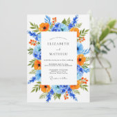 Oranje Blau Levendig Bloem Bruiloft Kaart (Staand voorkant)