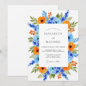 Oranje Blau Levendig Bloem Bruiloft Kaart (Voorkant / Achterkant)