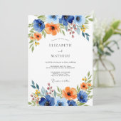 Oranje Blau Levendig Bloem Bruiloft Kaart (Staand voorkant)