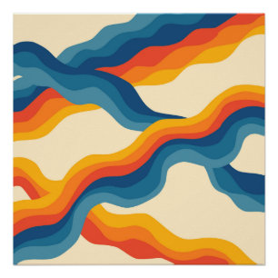 Oranje blauw Abstract Retro Wavy Stripe Modern Perfect Poster