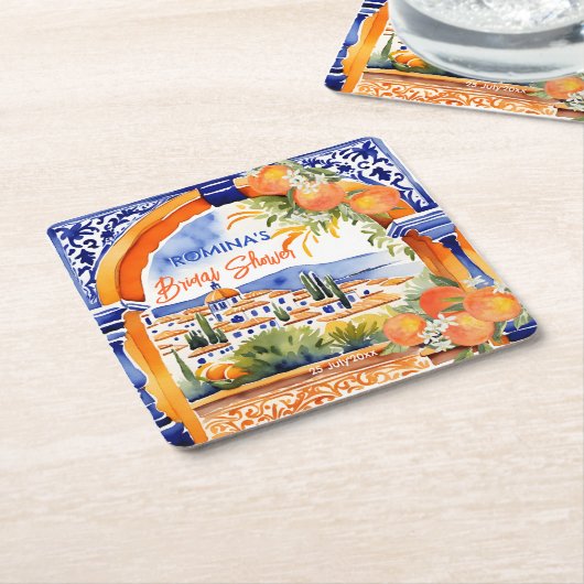 Oranje blauw azulejo talavera tegels vrijgezellenf kartonnen onderzetters (Schuin)