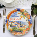 Oranje blauw azulejo talavera tegels vrijgezellenf papieren bordje<br><div class="desc">Oranje citrus azulejo majolica talavera tegels boog blauw sinaasappel mediterrane tegels vrijgezellenfeest sjabloon gedrukte borden gepersonaliseerd servies decor,  voor de lente zomer levendige vette kleur thema functies</div>