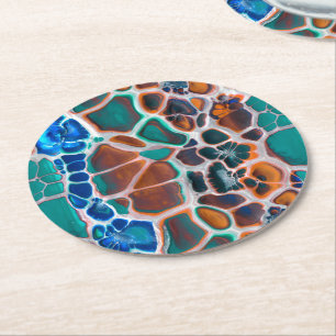 Oranje blauw Blauwgroen Glas in lood Abstractiepat Ronde Kartonnen Onderzetter
