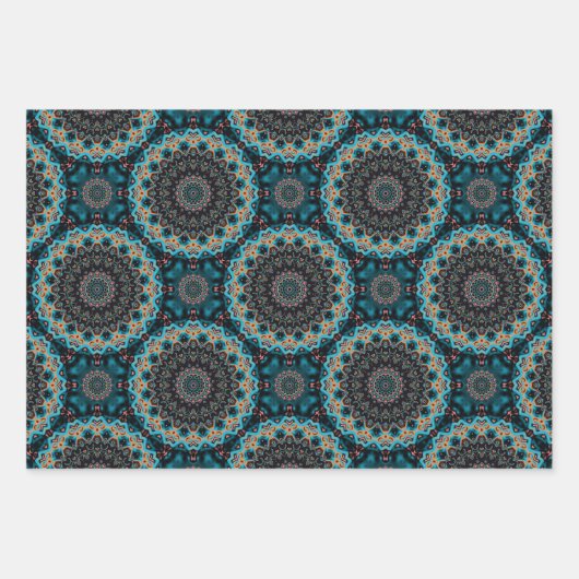 Oranje blauw Blauwgroen Mandala Boho Pattern Inpakpapier Vel (Voorkant 3)