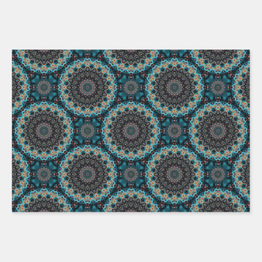 Oranje blauw Blauwgroen Mandala Boho Pattern Inpakpapier Vel (Voorkant)