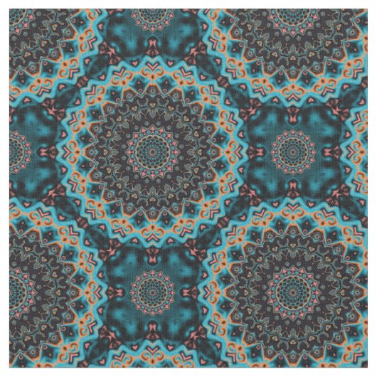 Oranje blauw Blauwgroen Mandala Boho Pattern Stof (Close Up)
