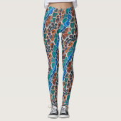 Oranje blauw Blauwgroen mozaïekGlas in lood Abstra Leggings (Voorkant)