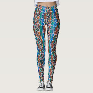 Oranje blauw Blauwgroen mozaïekGlas in lood Abstra Leggings