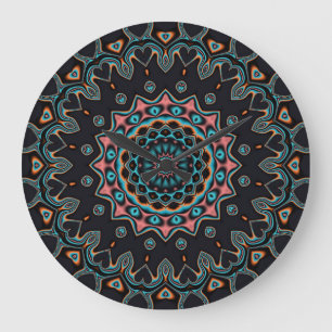 Oranje Blauw Blauwgroen Zwart Mandala Boho Art Grote Klok