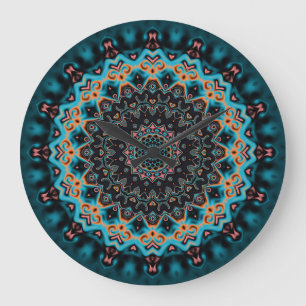Oranje Blauw Blauwgroen Zwart Mandala Boho Art Grote Klok