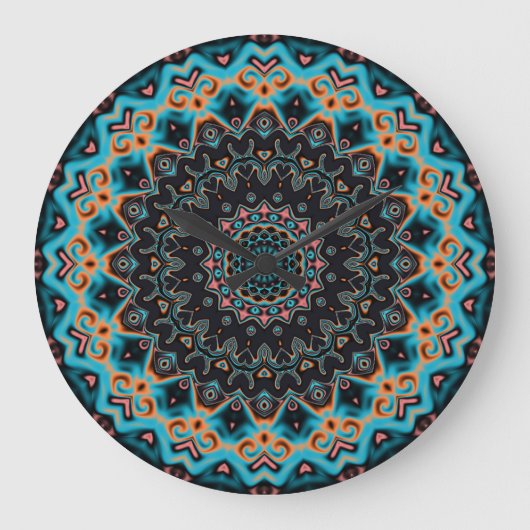 Oranje Blauw Blauwgroen Zwart Mandala Boho Art Grote Klok (Voorkant)
