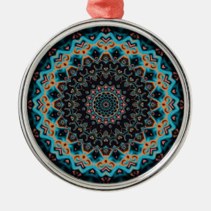 Oranje Blauw Blauwgroen Zwart Mandala Boho Art Metalen Ornament