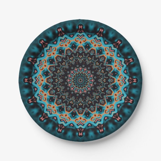 Oranje Blauw Blauwgroen Zwart Mandala Papieren Bordje (Voorkant)