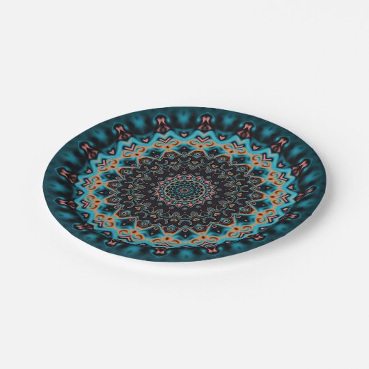 Oranje Blauw Blauwgroen Zwart Mandala Papieren Bordje (Gekanteld)