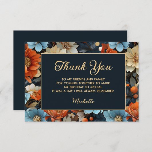 Oranje Blauw Bloemen Zwart Verjaardag Dank u Bedankkaart (Voorkant / Achterkant)