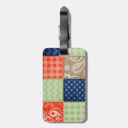 Oranje, blauw, bruin en grijs groen patchwork bagagelabel (Achterkant verticaal)