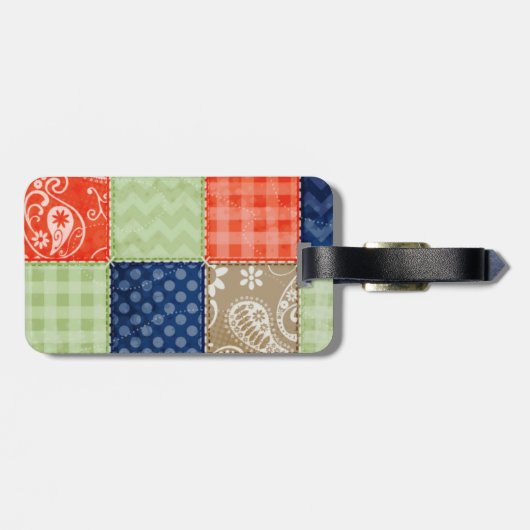 Oranje, blauw, bruin en grijs groen patchwork bagagelabel (Achterkant horizontaal)