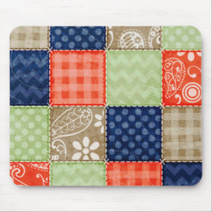 Oranje, blauw, bruin en grijs groen patchwork muismat