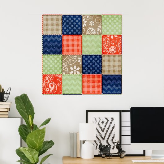 Oranje, blauw, bruin en grijs groen patchwork poster (Thuiskantoor)