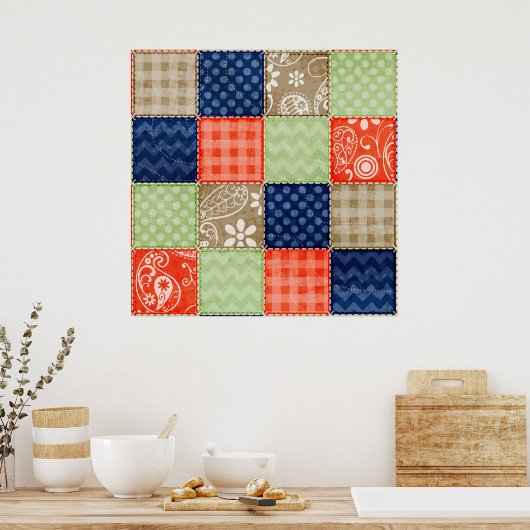 Oranje, blauw, bruin en grijs groen patchwork poster (Keuken)