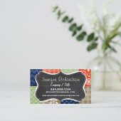 Oranje, blauw, bruin en grijs groen patchwork visitekaartje (Staand voorkant)