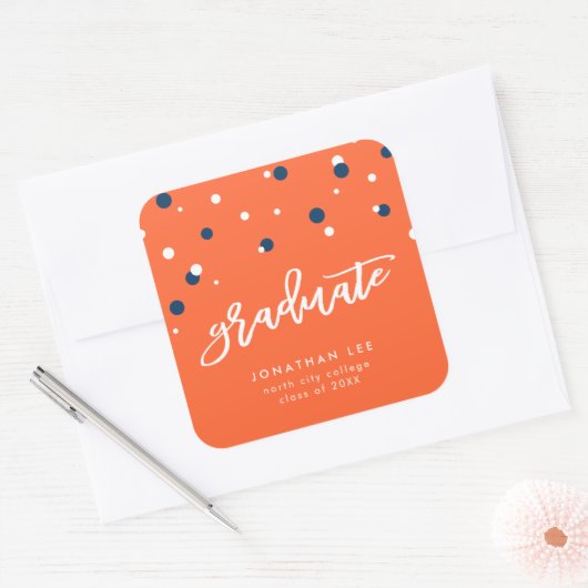 Oranje blauw Confetti Afstuderen Afstuderen Vierkante Sticker (Envelop)