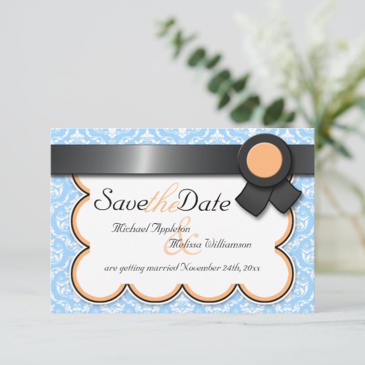 Oranje & Blauw Damask Save the Date Aankondigingen (Staand voorkant)