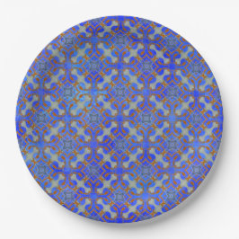 Oranje, blauw diamantpatroon met schuifwiel papieren bordje