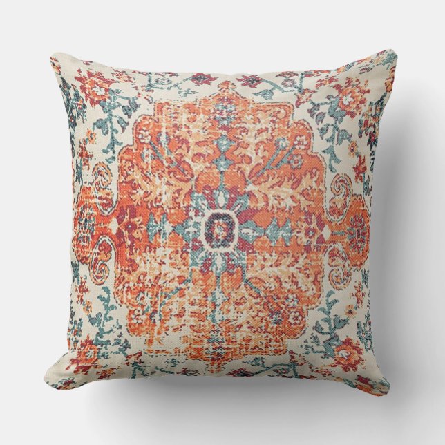 Oranje Blauw Etnisch Boho Bohemian Tapijt  Kussen (Voorkant)