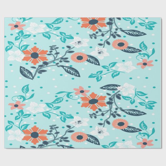 Oranje Blauw-Floral-rappelpapier Cadeaupapier (Vlak)